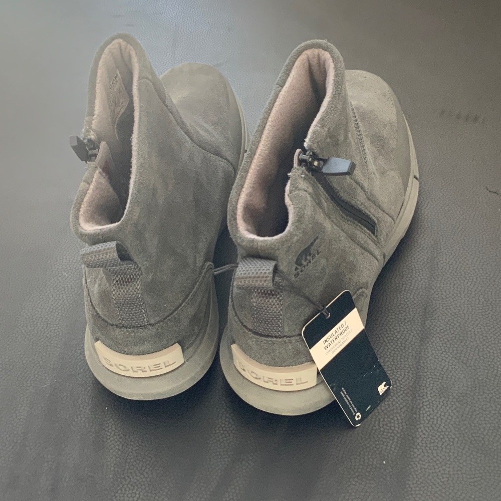 Sorel Light Gray Suede Ankle Boots with Red Logo Tag